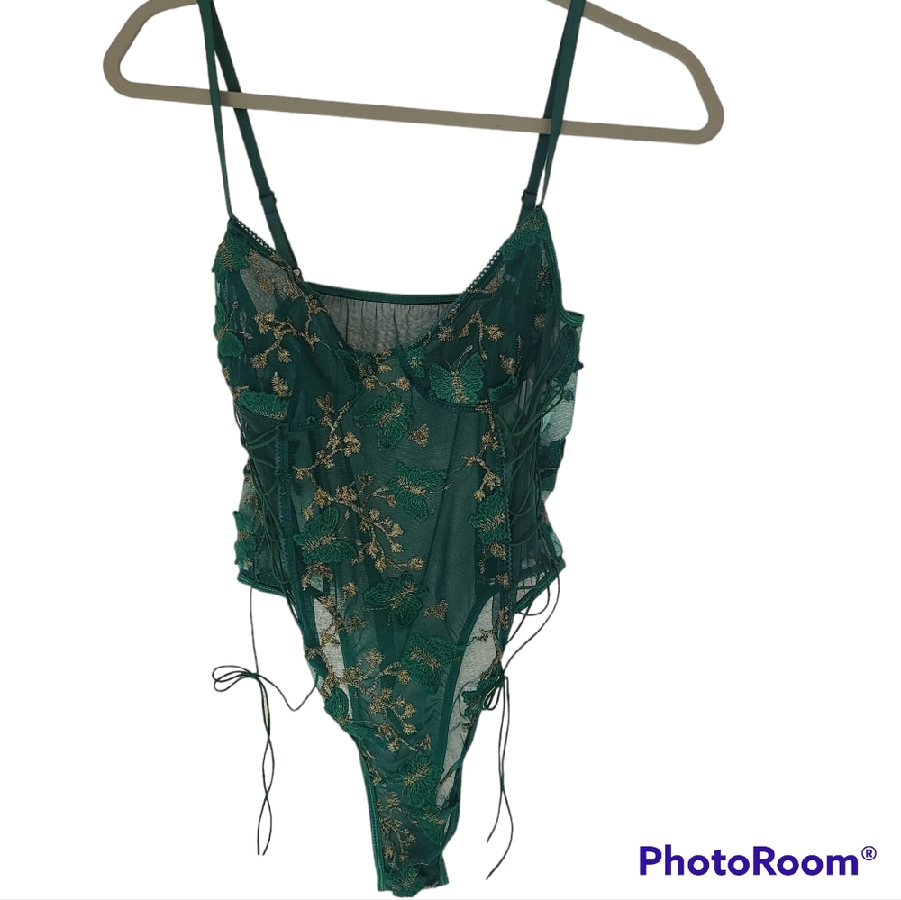 Green and Gold Sheer Embroided Bodysuit Large